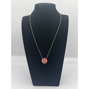 Michael Kors MK Logo Necklace Gold Tone Pink Enamel Pendant Chain